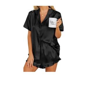Ekouaer black Satin Pajama Set – Women’s Short Sleeve Top & Shorts – Size-S.